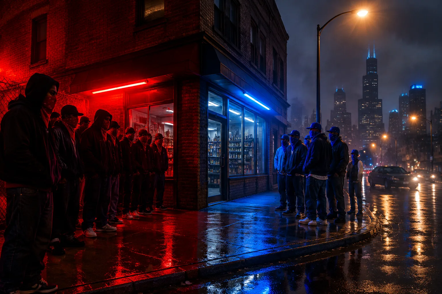 Night street corner in red and blue light, made for this guide